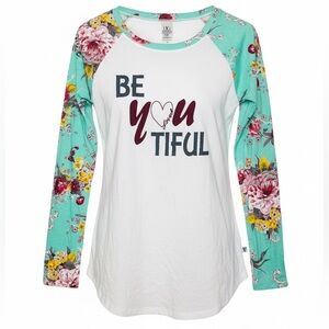 Beautiful Long Sleeve Top Graphic Logo Floral Teal Baseball Henley SZ SMALL NWT